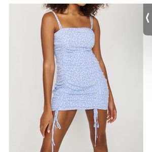 Garage Double Ruched Bodycon Dress Floral Blue Medium Brand New